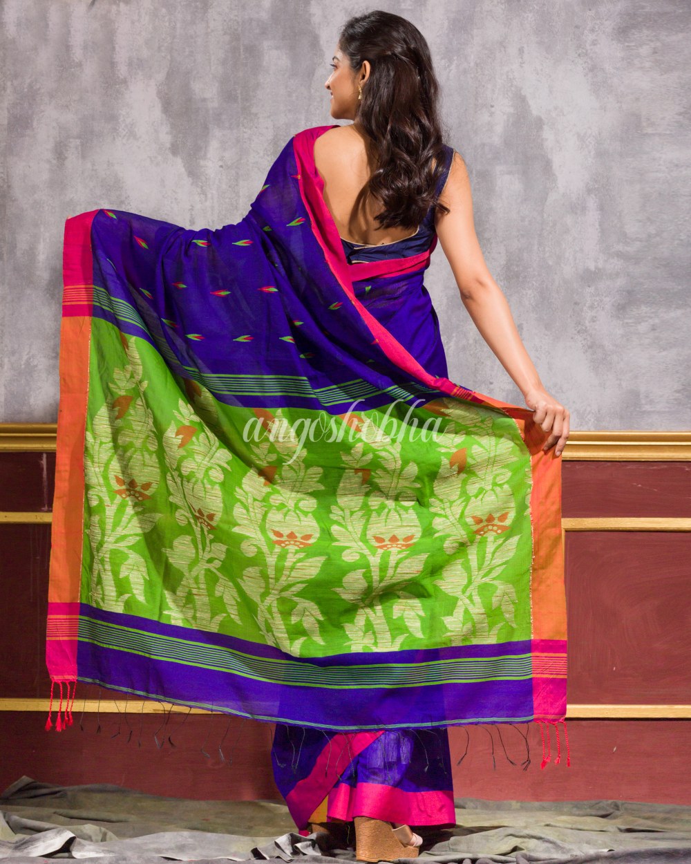 Blue Blended Cotton Jamdani Saree angoshobha