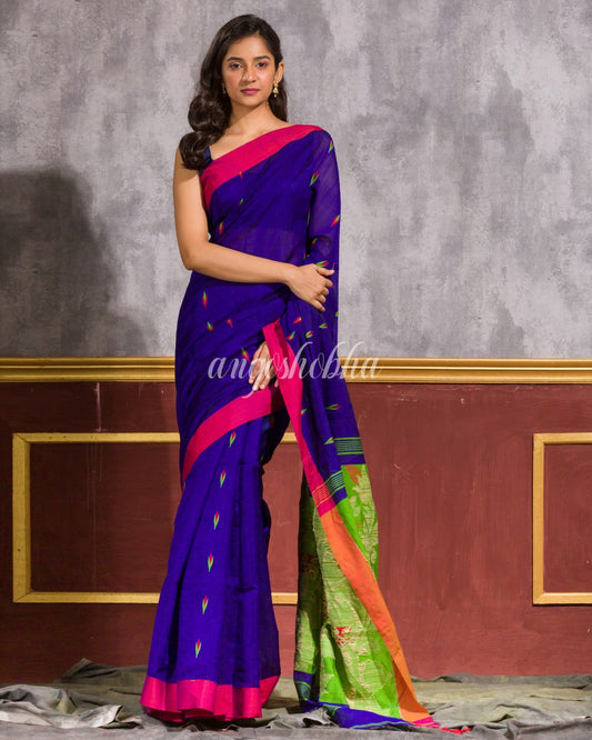 Blue Blended Cotton Jamdani Saree angoshobha