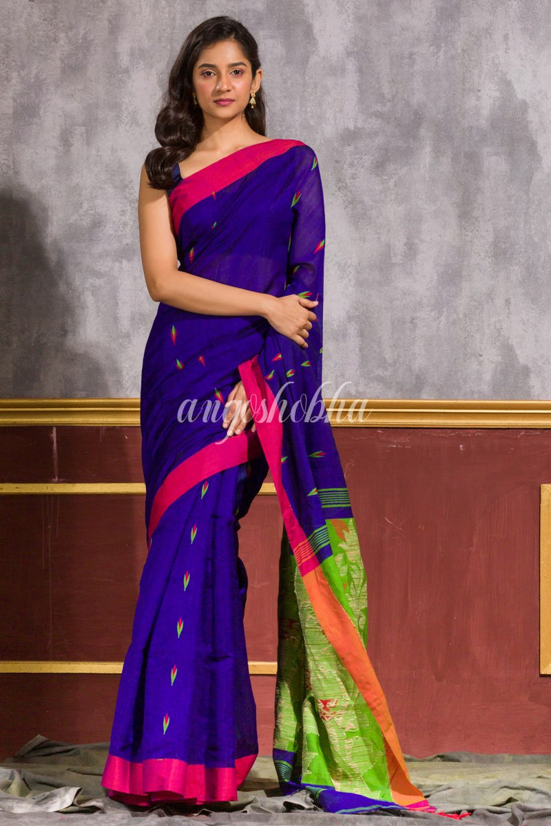 Blue Blended Cotton Jamdani Saree