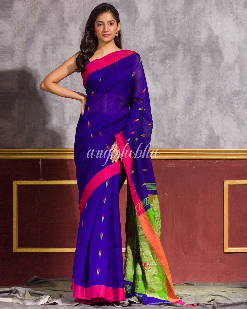 Blue Blended Cotton Jamdani Saree angoshobha