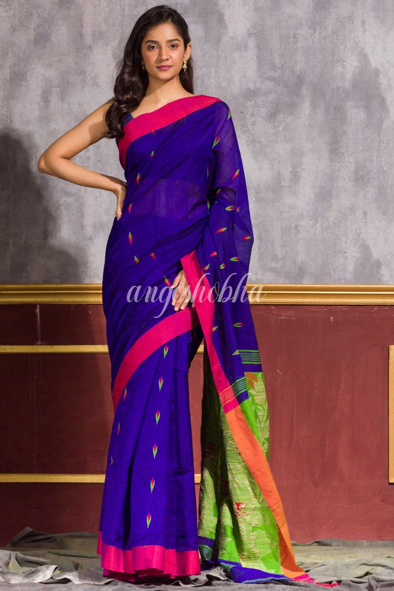 Blue Blended Cotton Jamdani Saree