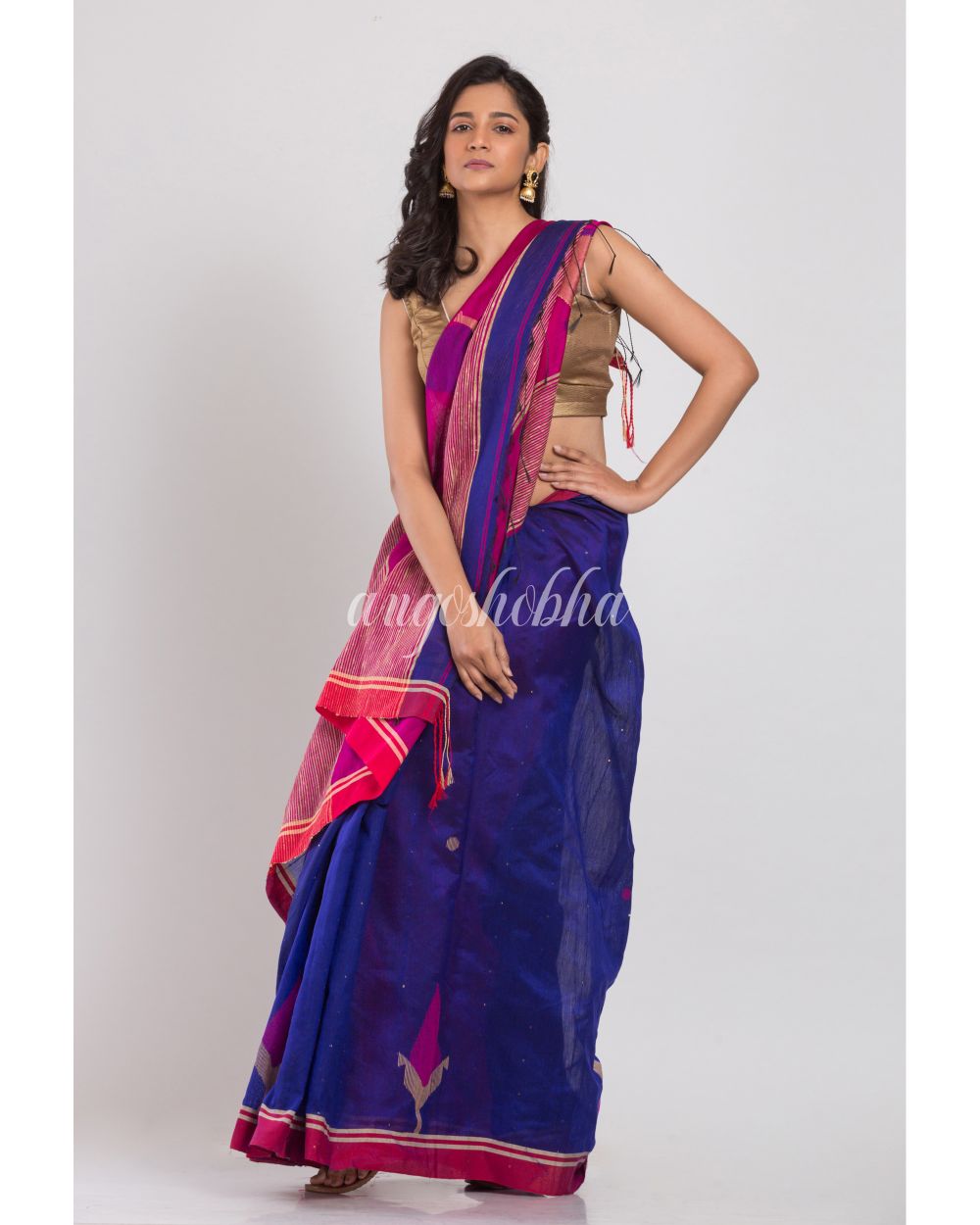 Blue Blended Cotton Silk Jamdani Saree angoshobha