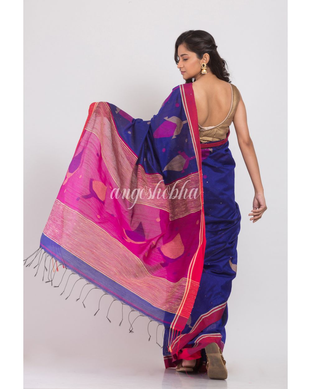 Blue Blended Cotton Silk Jamdani Saree angoshobha