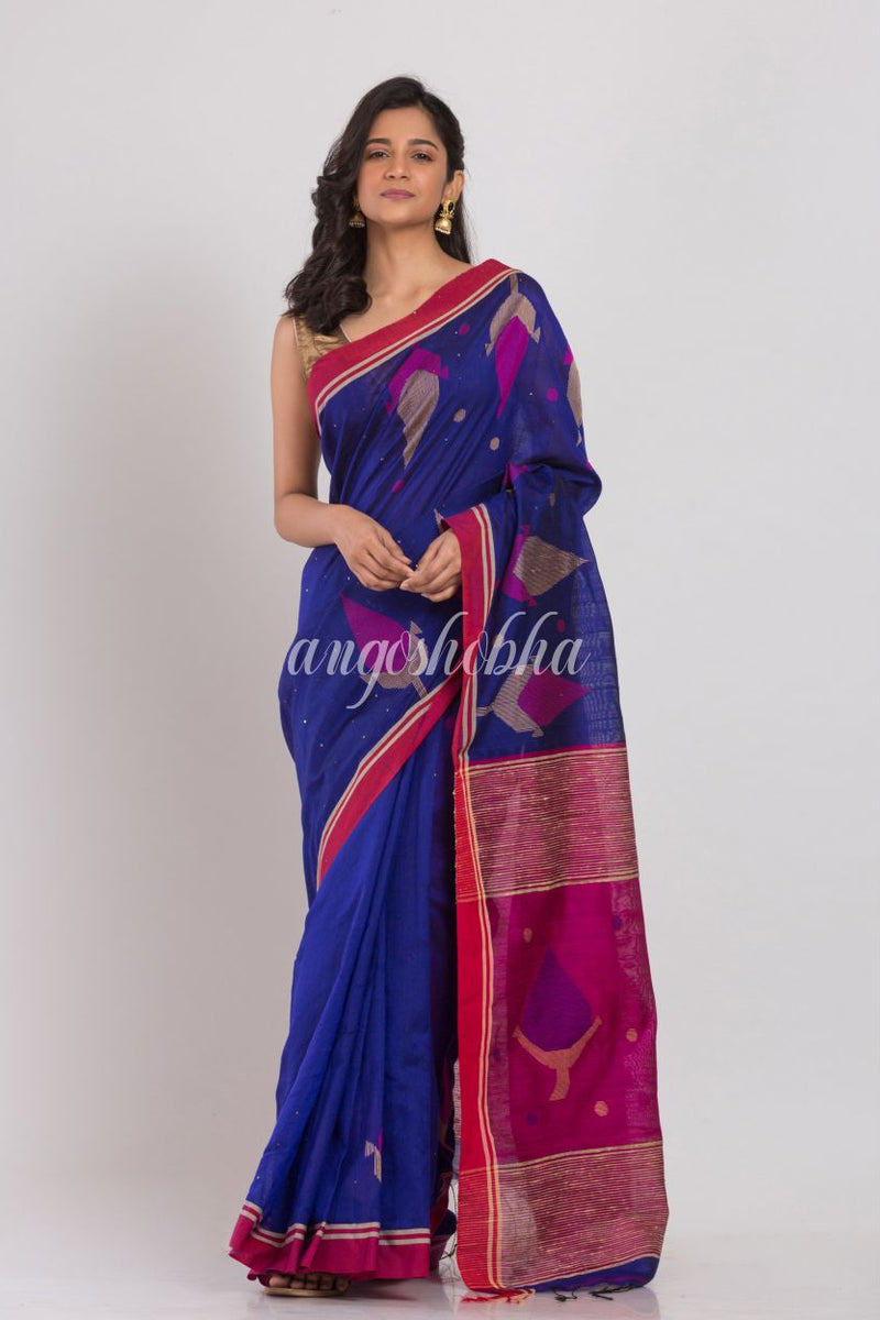Blue Blended Cotton Silk Jamdani Saree