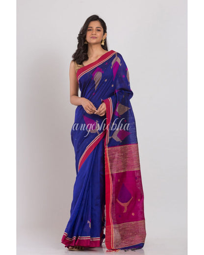 Blue Blended Cotton Silk Jamdani Saree angoshobha