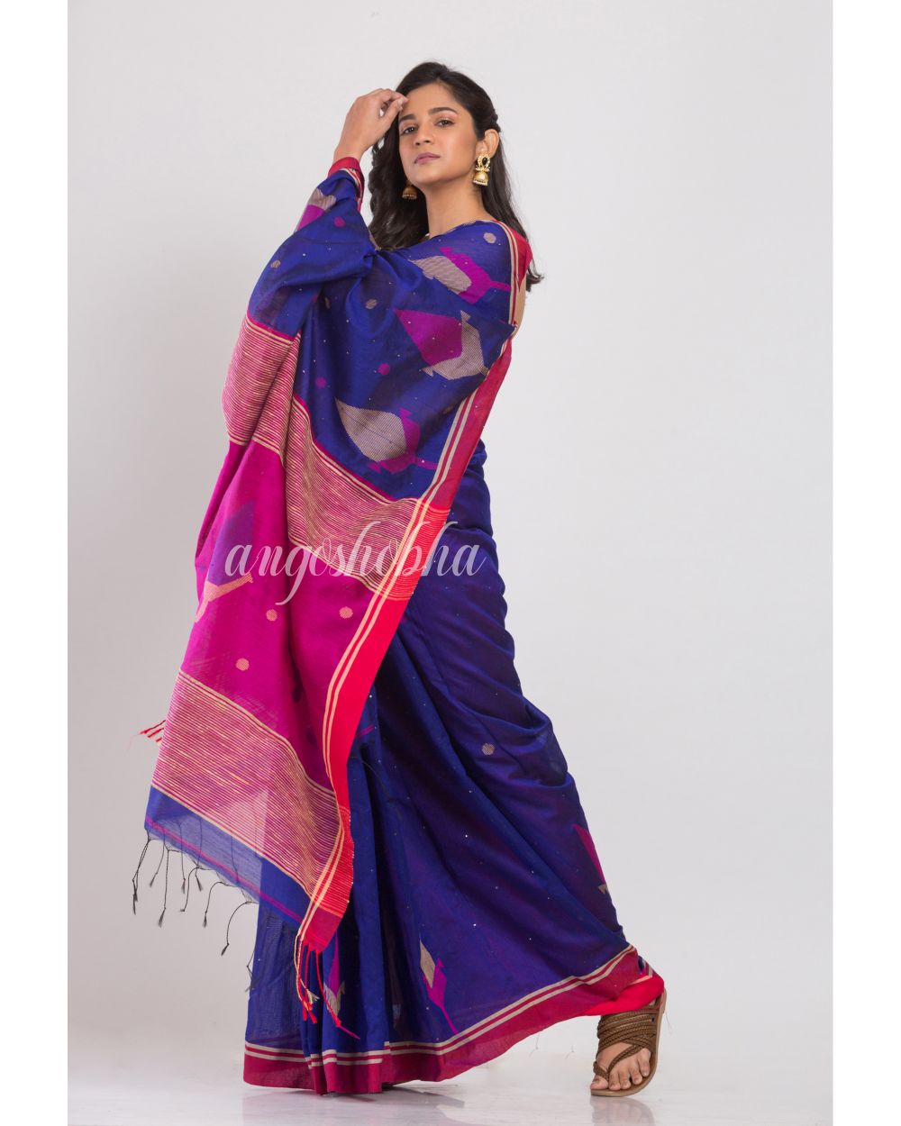 Blue Blended Cotton Silk Jamdani Saree angoshobha