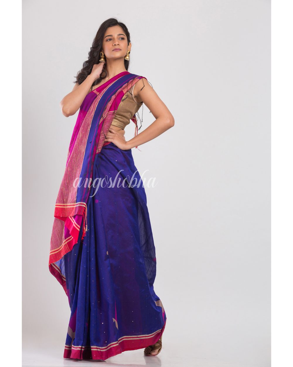 Blue Blended Cotton Silk Jamdani Saree angoshobha