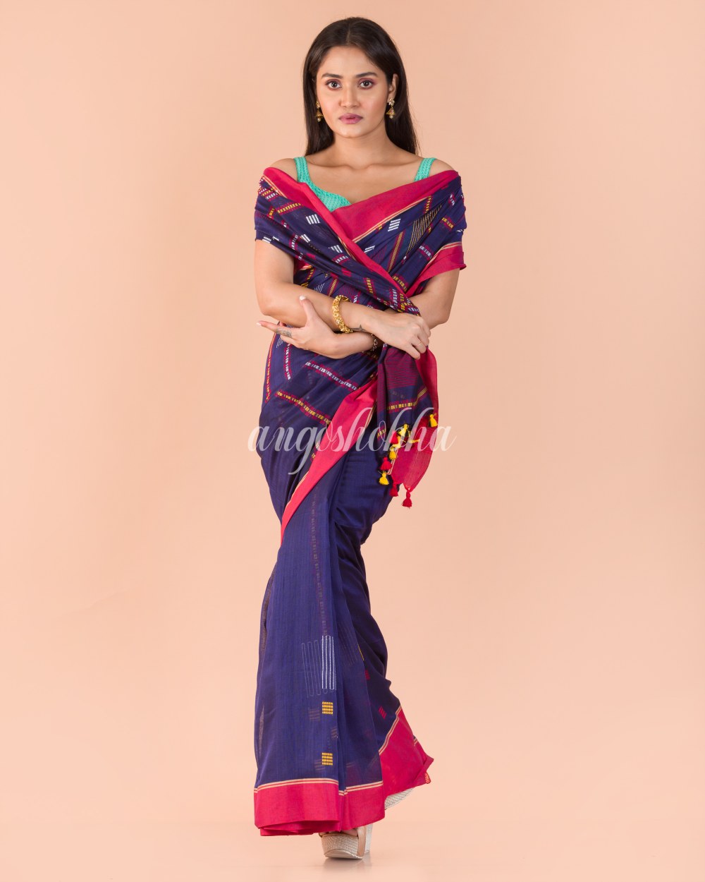 Blue Cotton Jamdani Saree angoshobha
