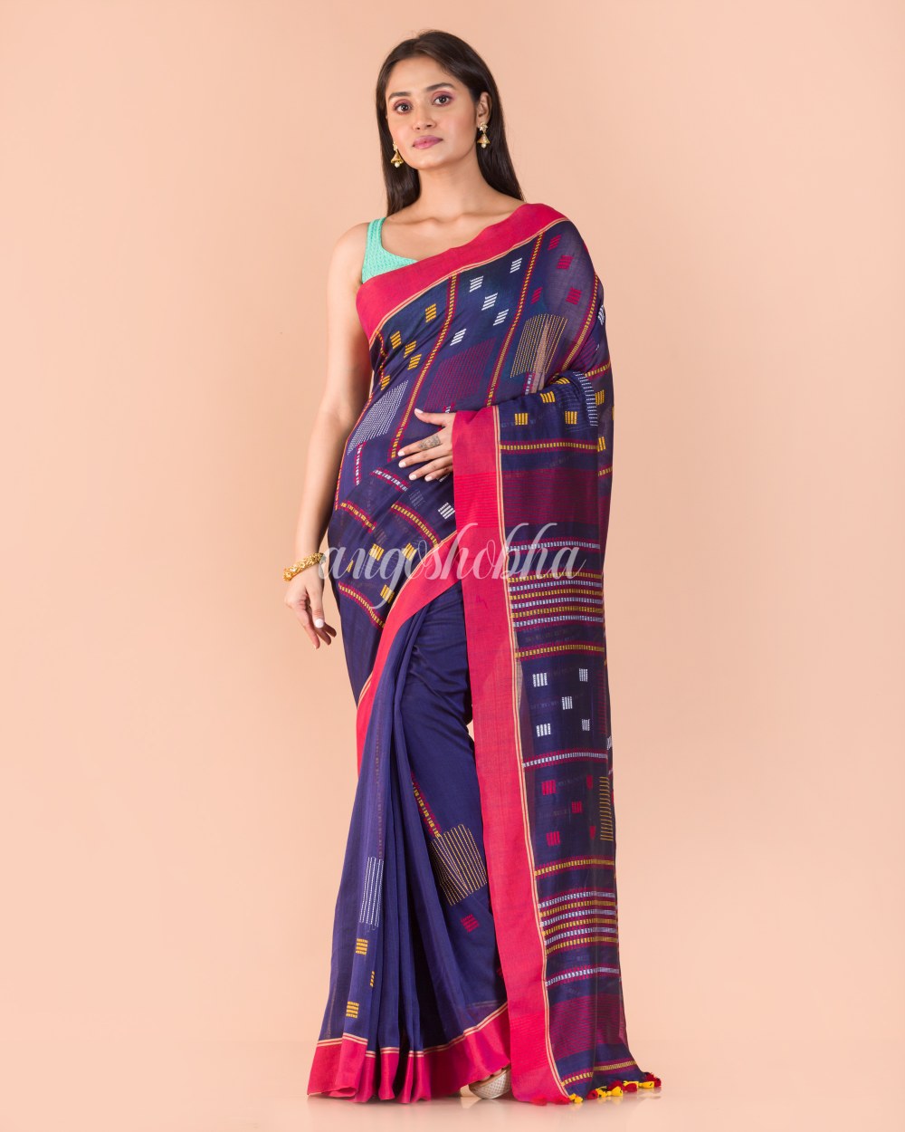 Blue Cotton Jamdani Saree angoshobha