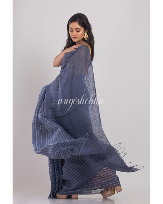 Blue Grey handwoven Linen Saree angoshobha