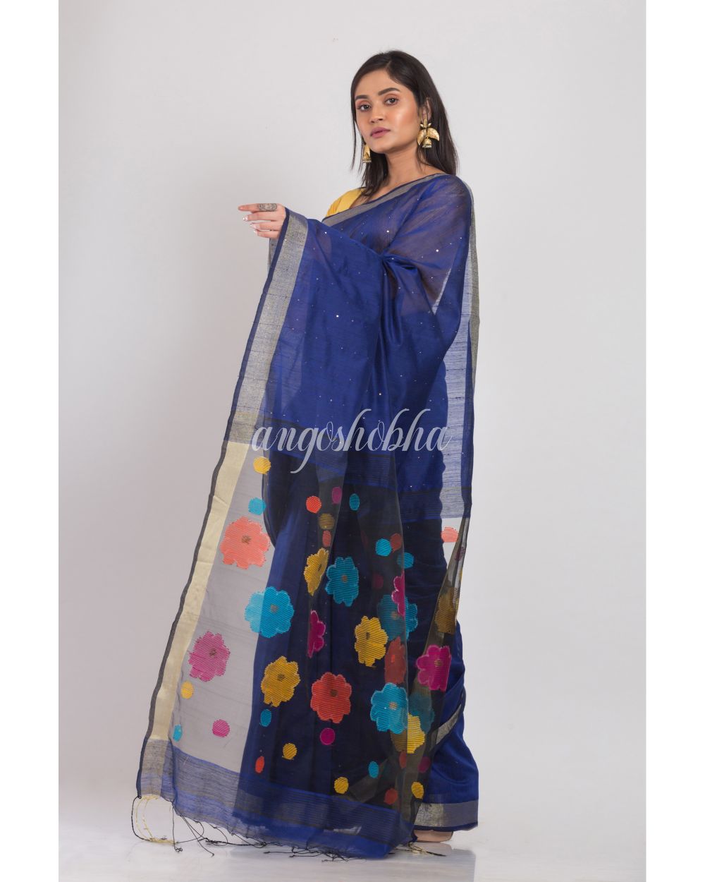 Blue Handloom Blended Cotton Saree angoshobha