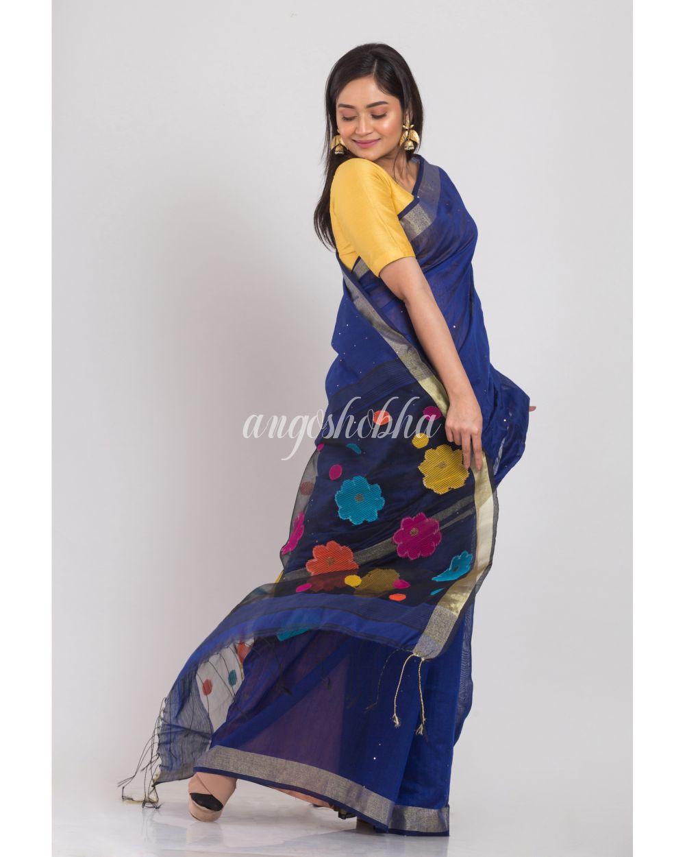 Blue Handloom Blended Cotton Saree angoshobha
