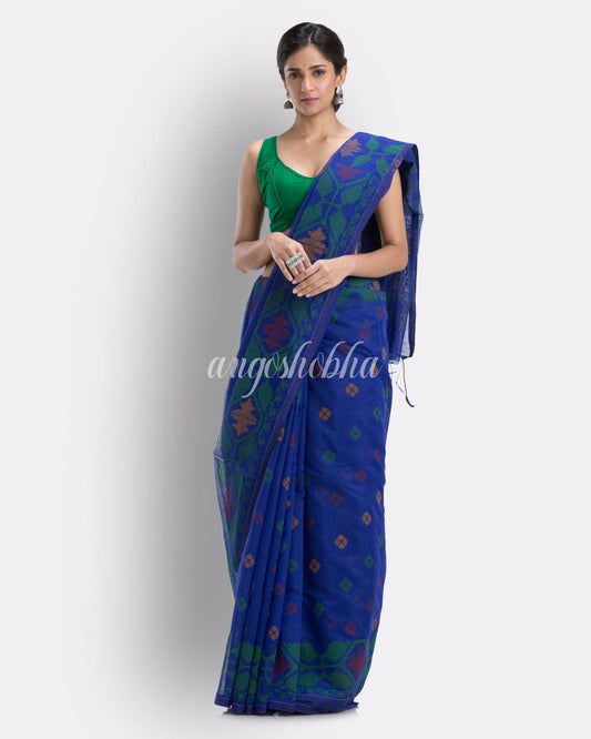 Blue Handloom Printed Cotton blend Saree angoshobha