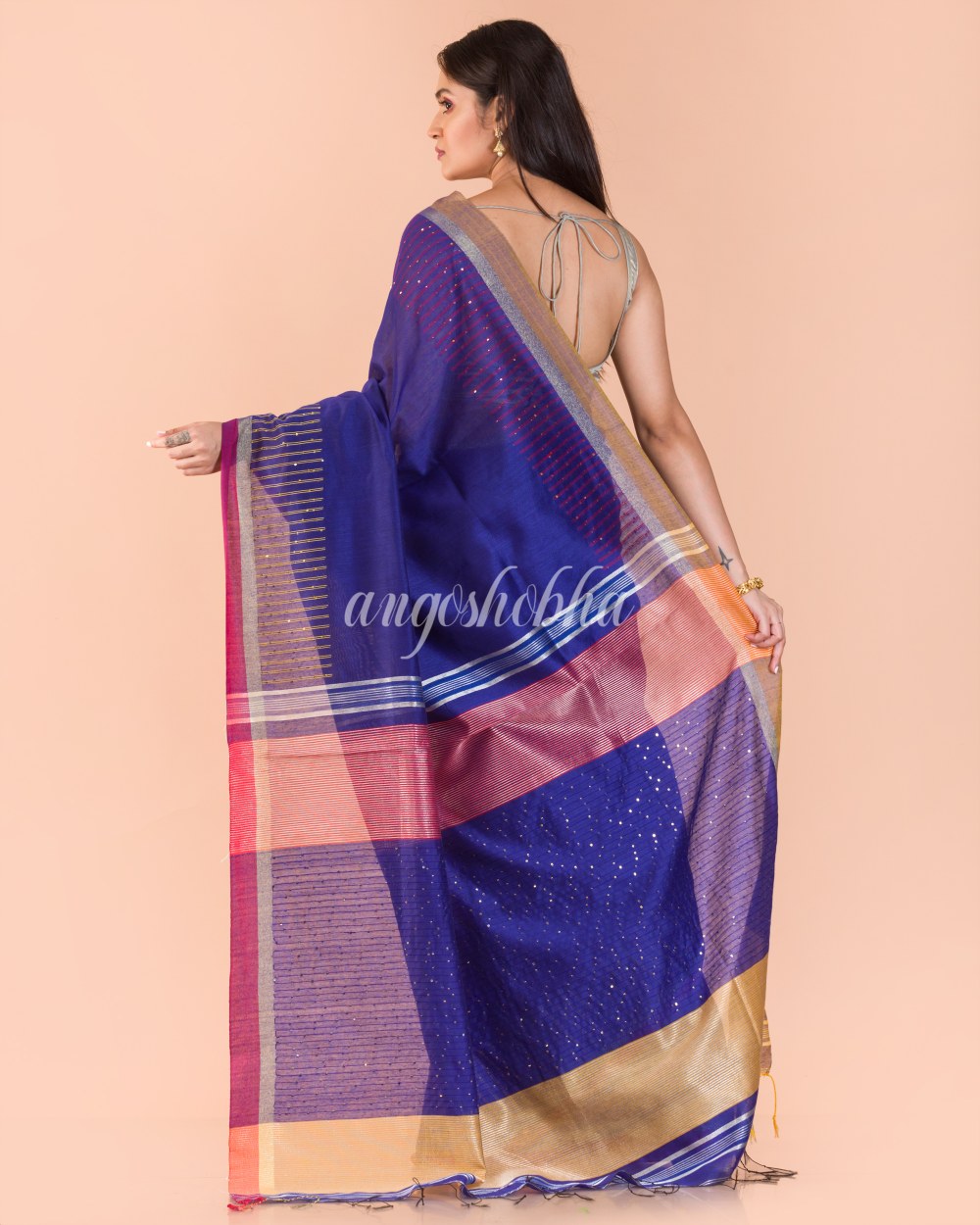 Blue Handwoven Blended Cotton Saree angoshobha
