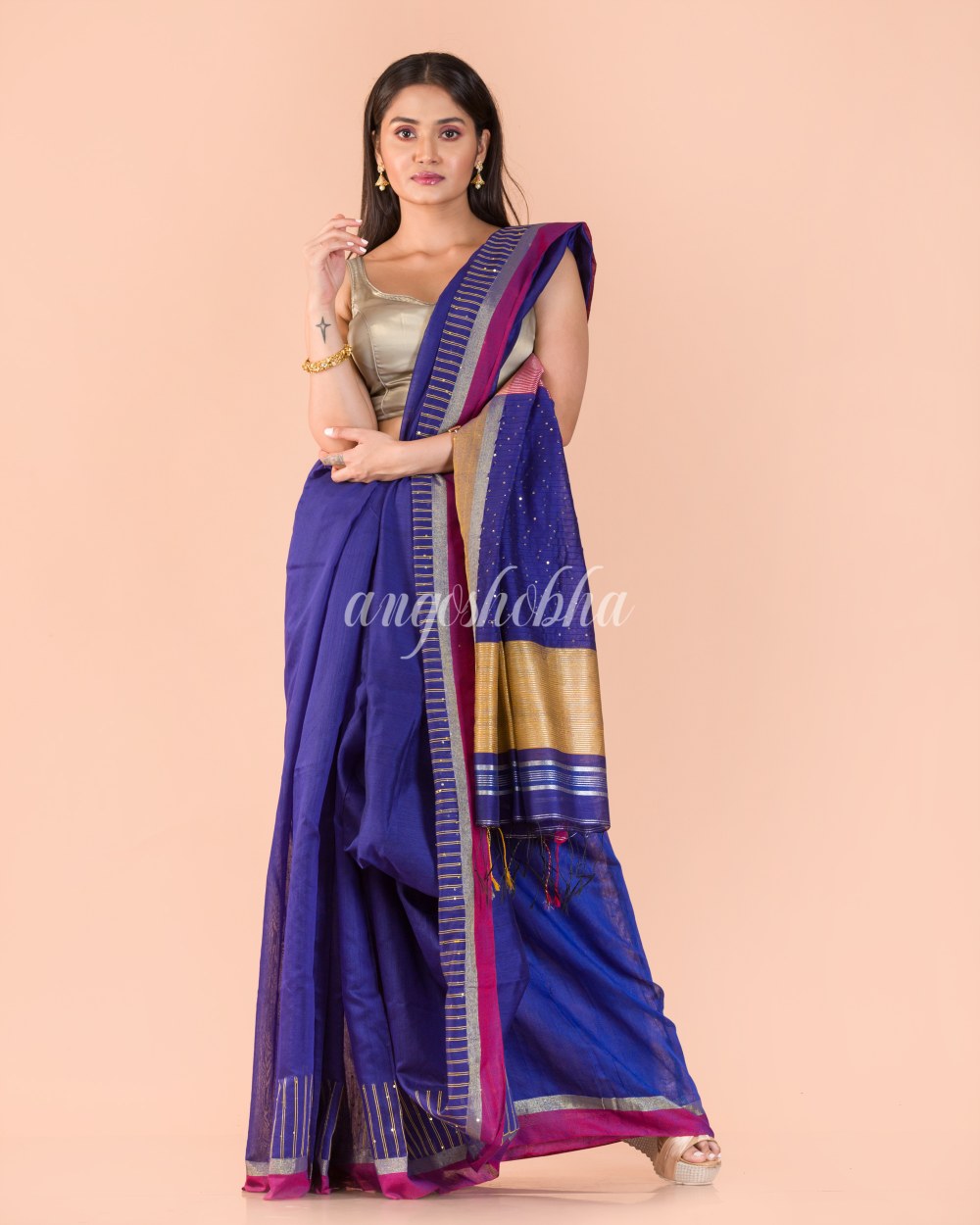 Blue Handwoven Blended Cotton Saree angoshobha