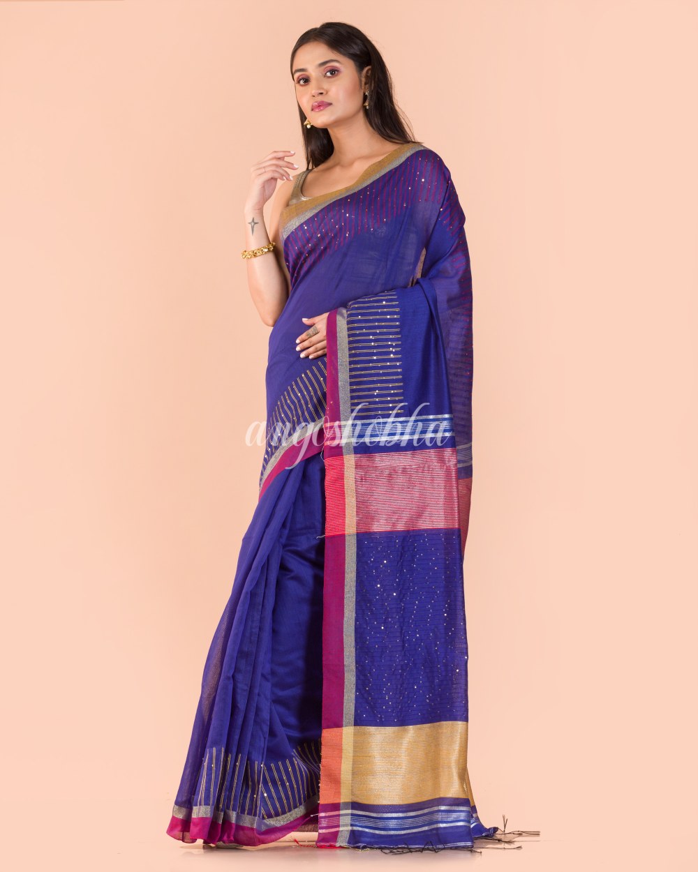 Blue Handwoven Blended Cotton Saree angoshobha