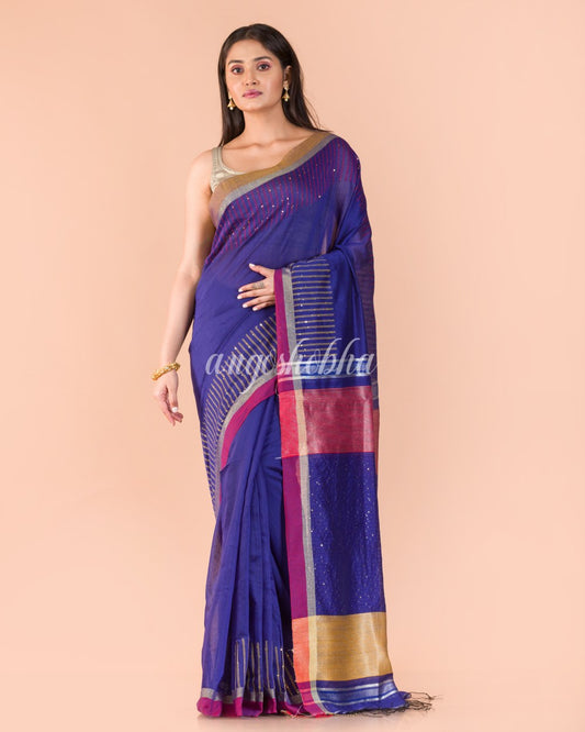 Blue Handwoven Blended Cotton Saree angoshobha