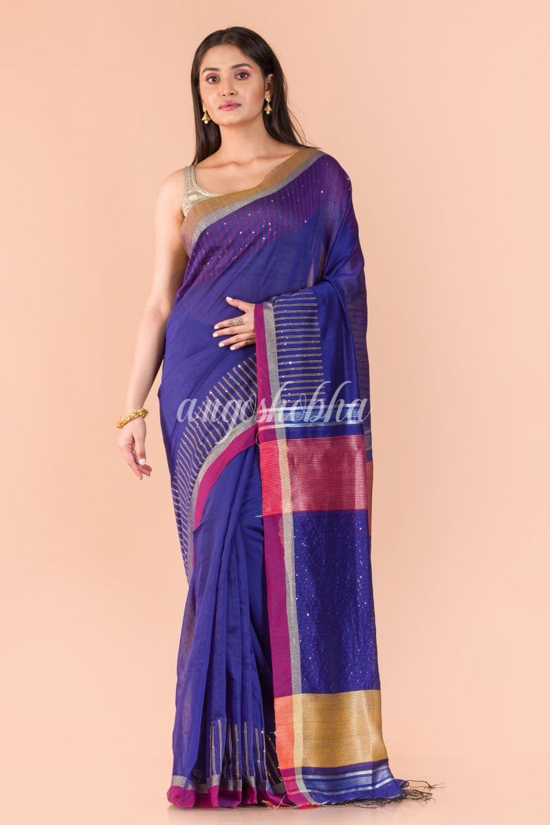 Blue Handwoven Blended Cotton Saree