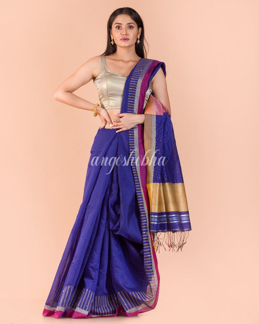 Blue Handwoven Blended Cotton Saree angoshobha