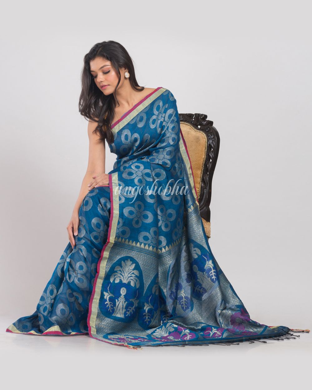 Blue Handwoven Linen Saree angoshobha