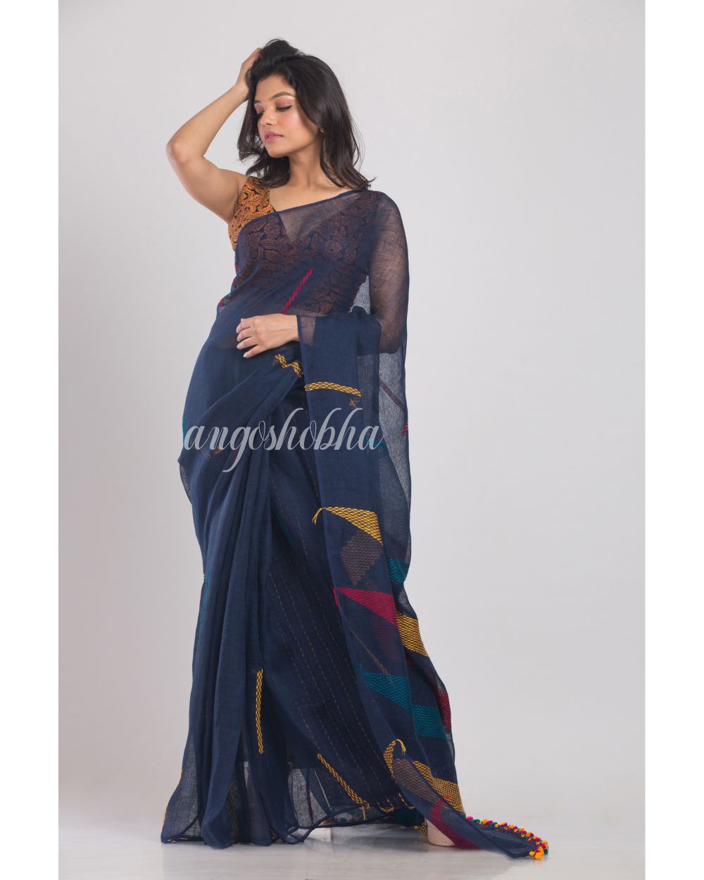 Blue Handwoven Linen Saree angoshobha