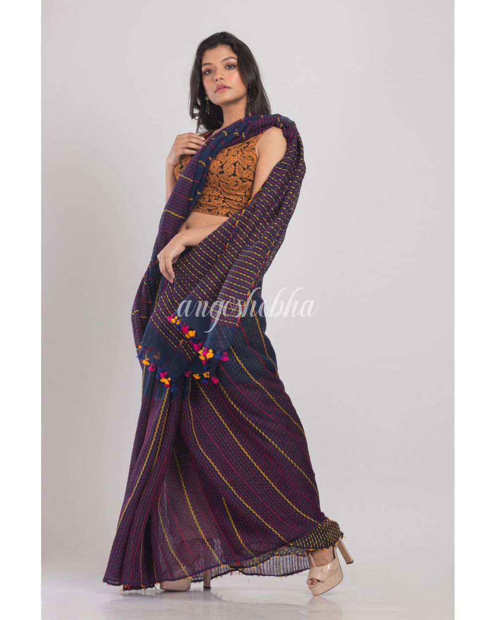 Blue Handwoven Linen Saree angoshobha