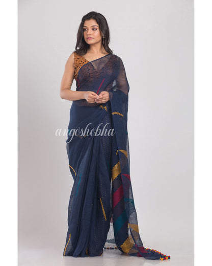 Blue Handwoven Linen Saree angoshobha