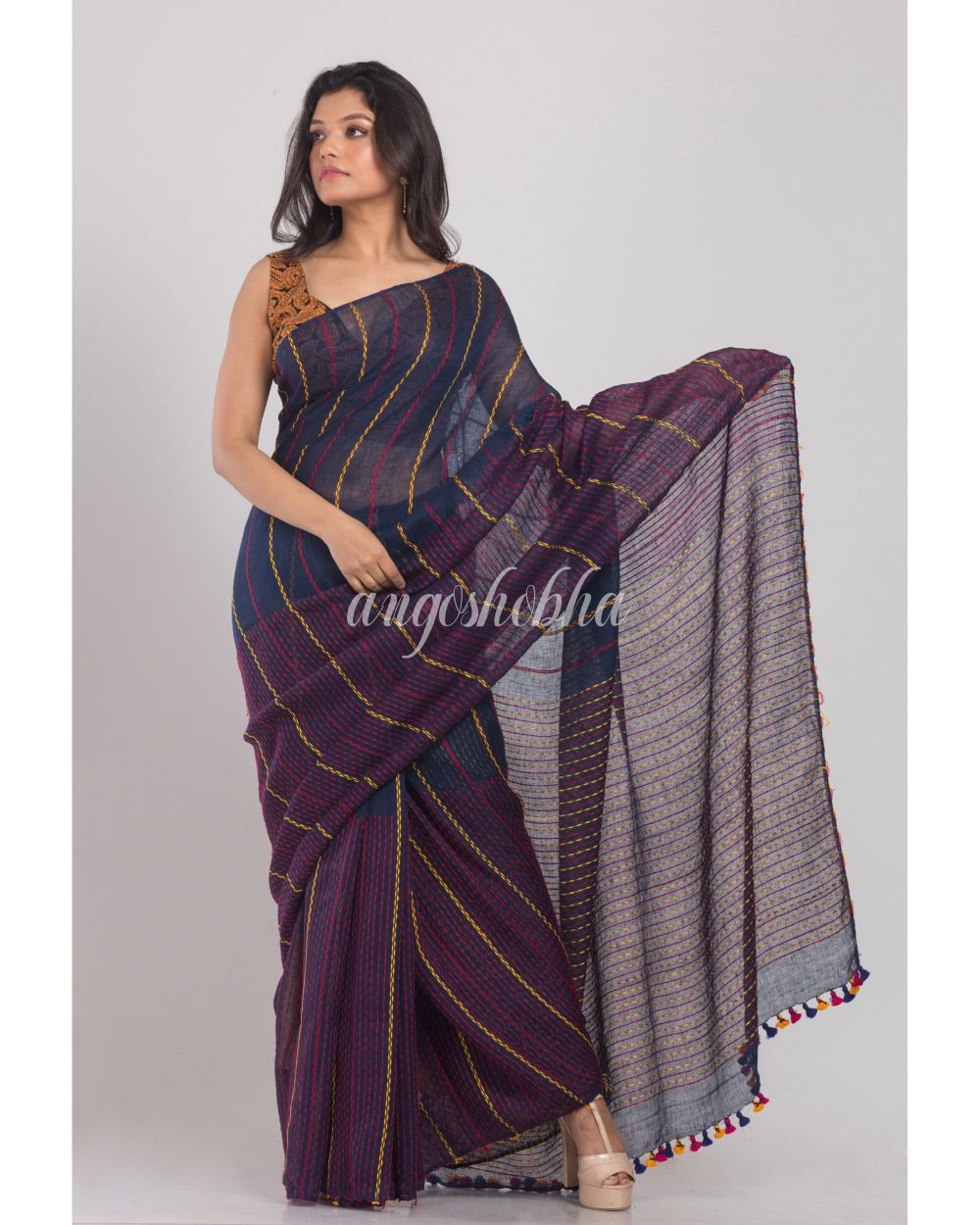 Blue Handwoven Linen Saree angoshobha