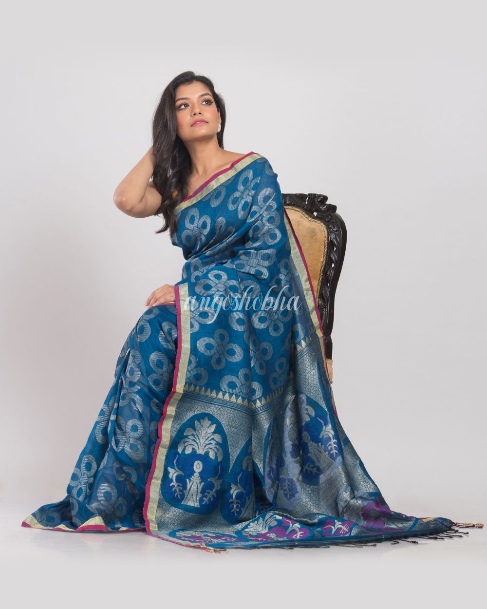 Blue Handwoven Linen Saree angoshobha