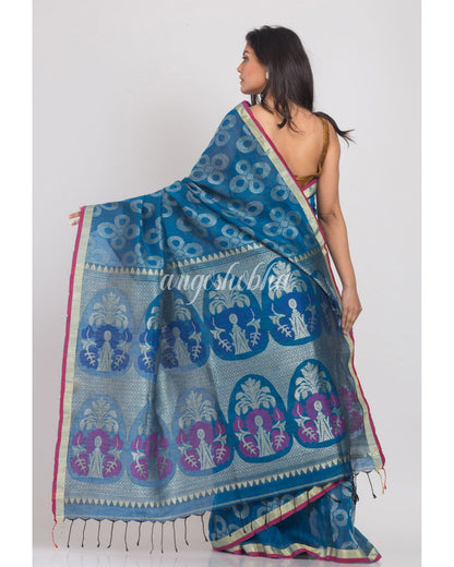 Blue Handwoven Linen Saree angoshobha