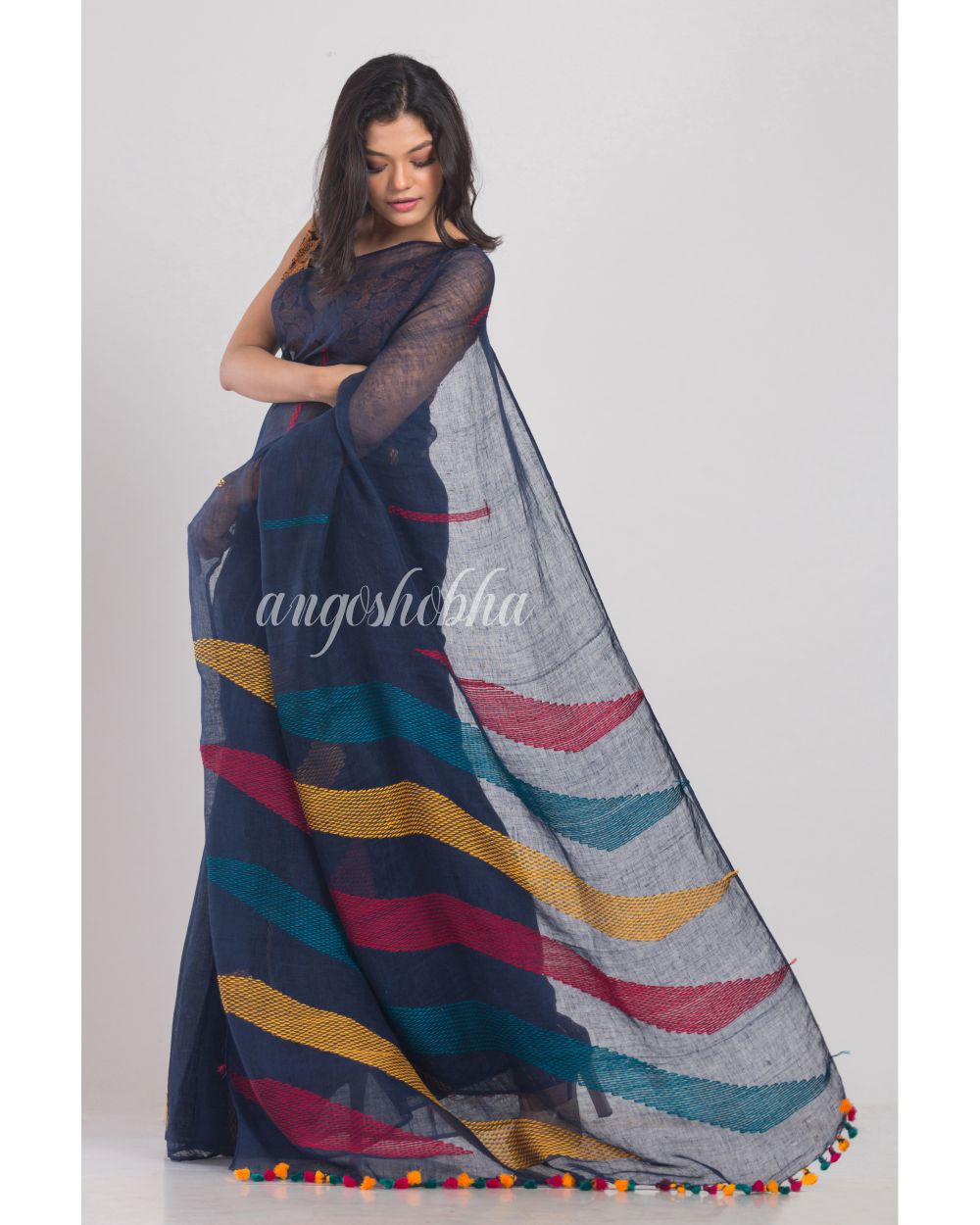 Blue Handwoven Linen Saree angoshobha