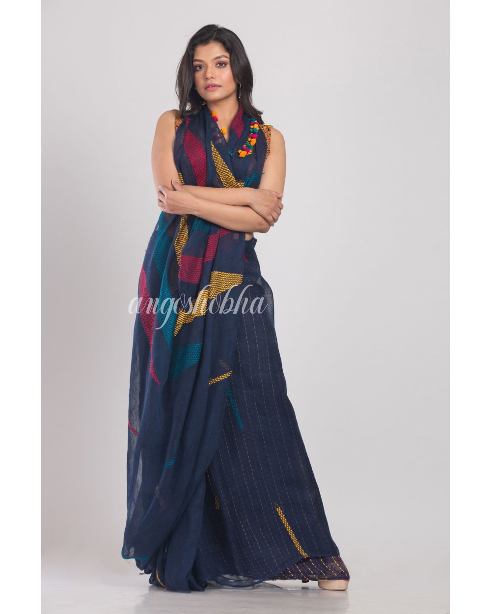 Blue Handwoven Linen Saree angoshobha