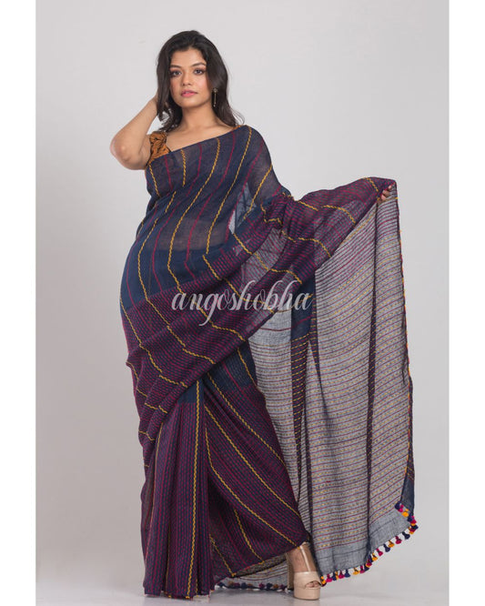 Blue Handwoven Linen Saree angoshobha