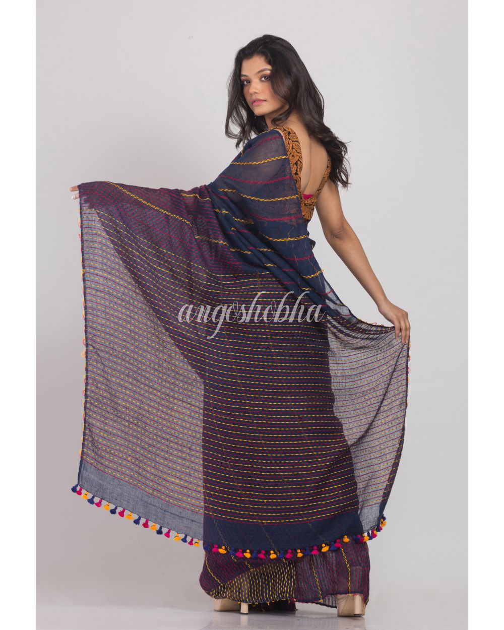 Blue Handwoven Linen Saree angoshobha
