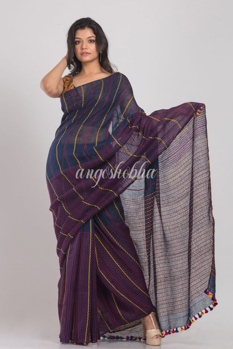 Blue Handwoven Linen Saree