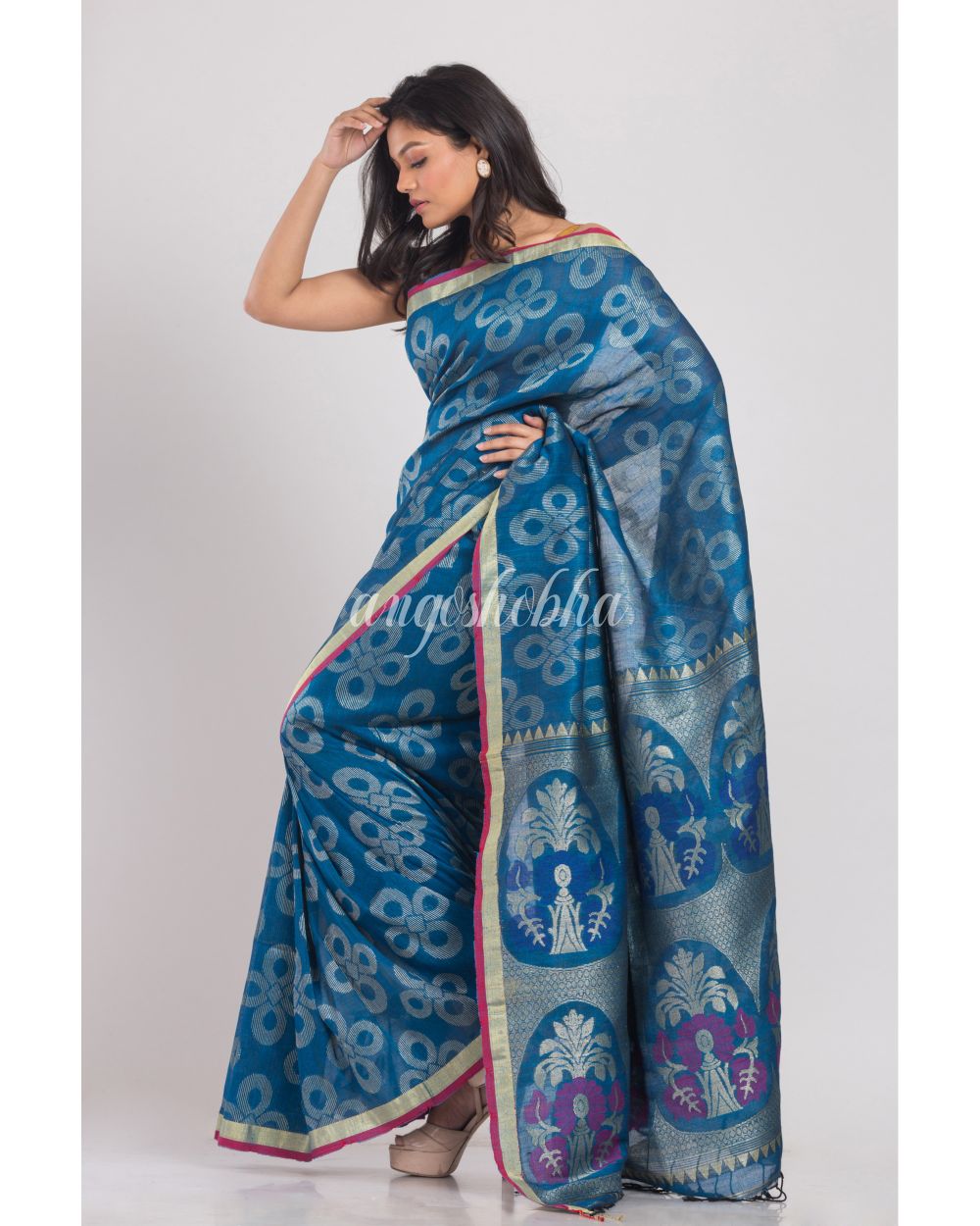 Blue Handwoven Linen Saree angoshobha