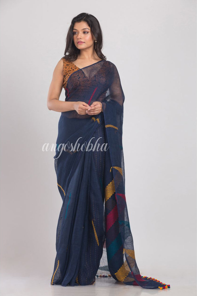 Blue Handwoven Linen Saree