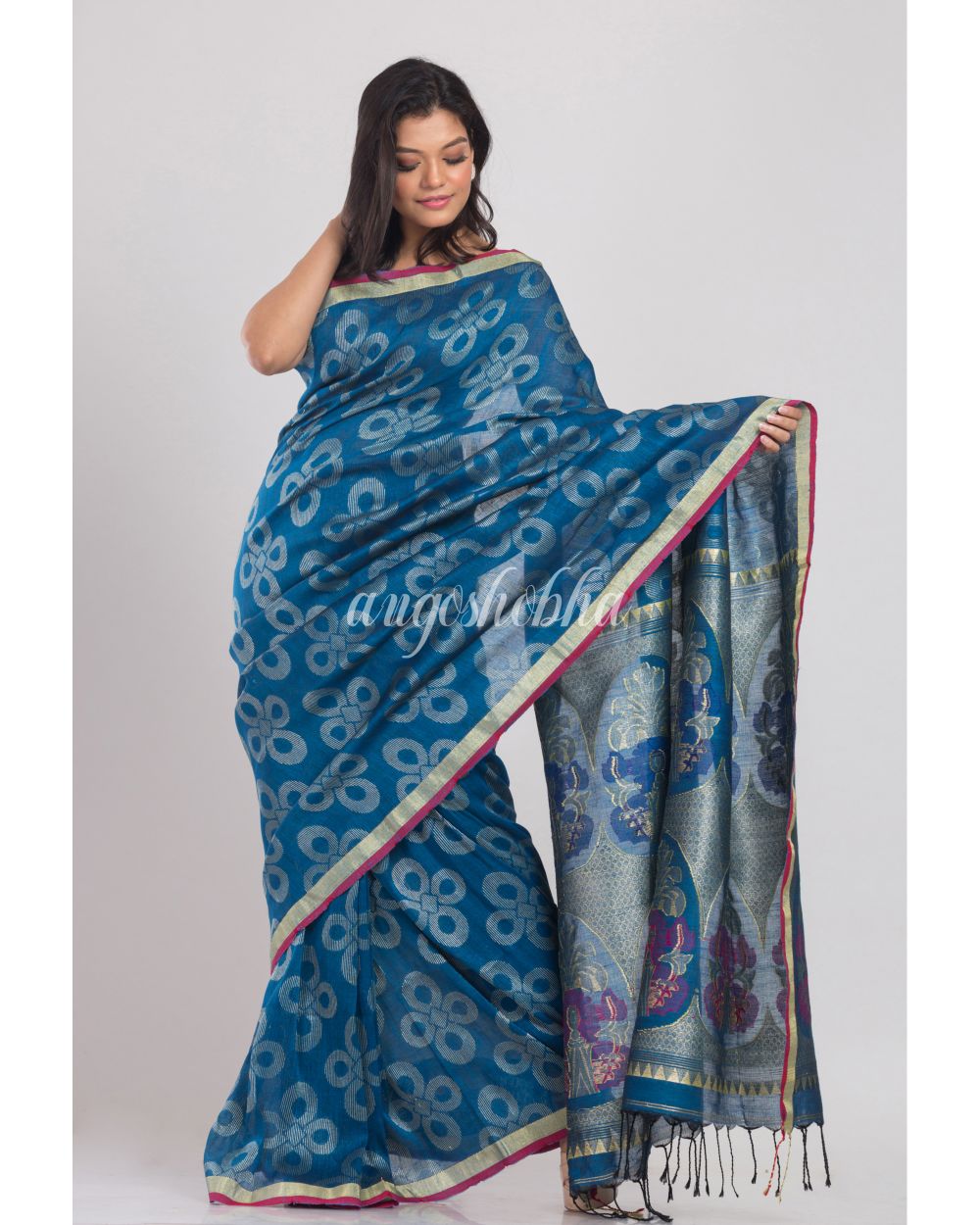 Blue Handwoven Linen Saree angoshobha