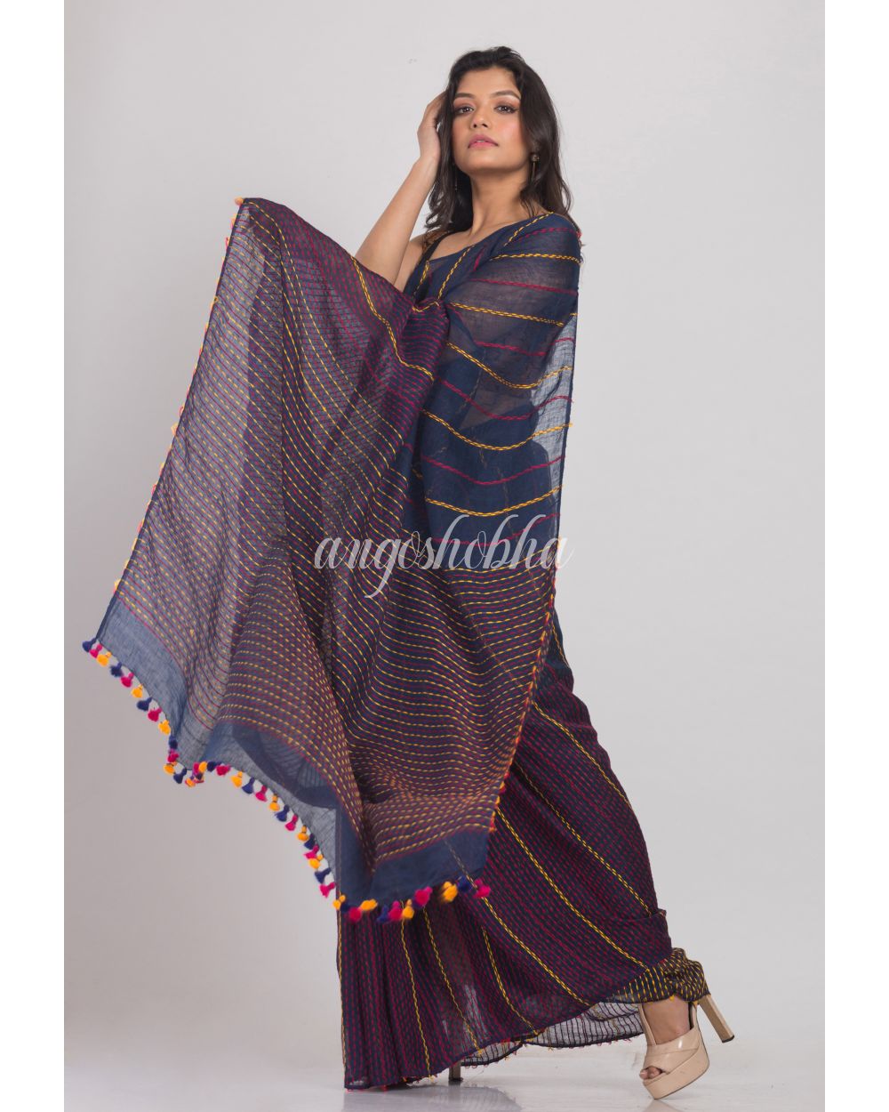 Blue Handwoven Linen Saree angoshobha