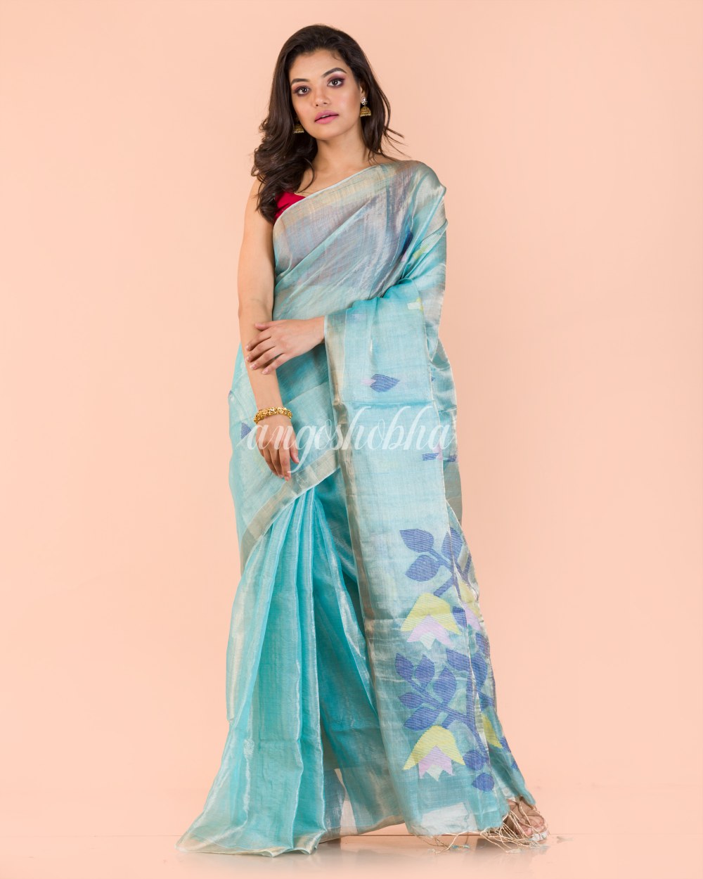 Blue Handwoven Tussar Silk Jamdani Saree angoshobha