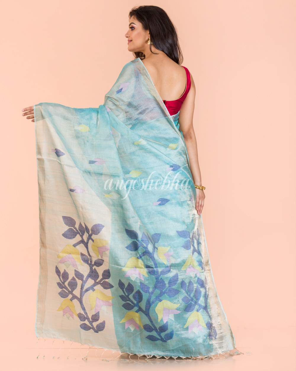 Blue Handwoven Tussar Silk Jamdani Saree angoshobha