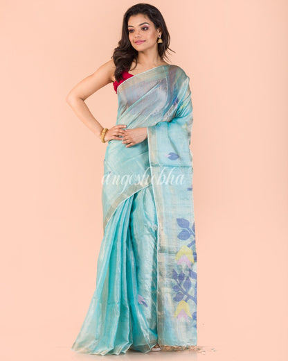 Blue Handwoven Tussar Silk Jamdani Saree angoshobha