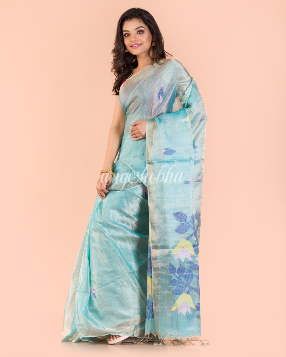 Blue Handwoven Tussar Silk Jamdani Saree angoshobha