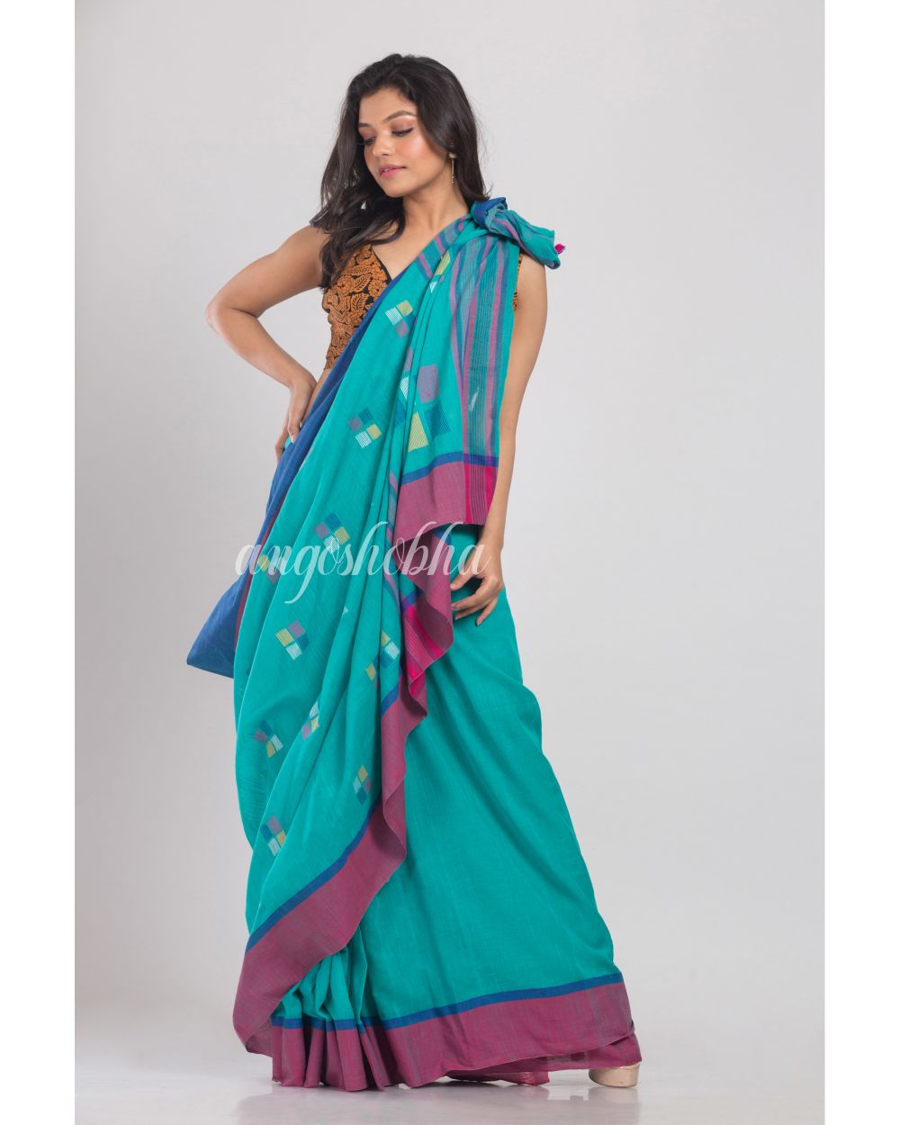 Blue Jamdani Cotton Saree angoshobha