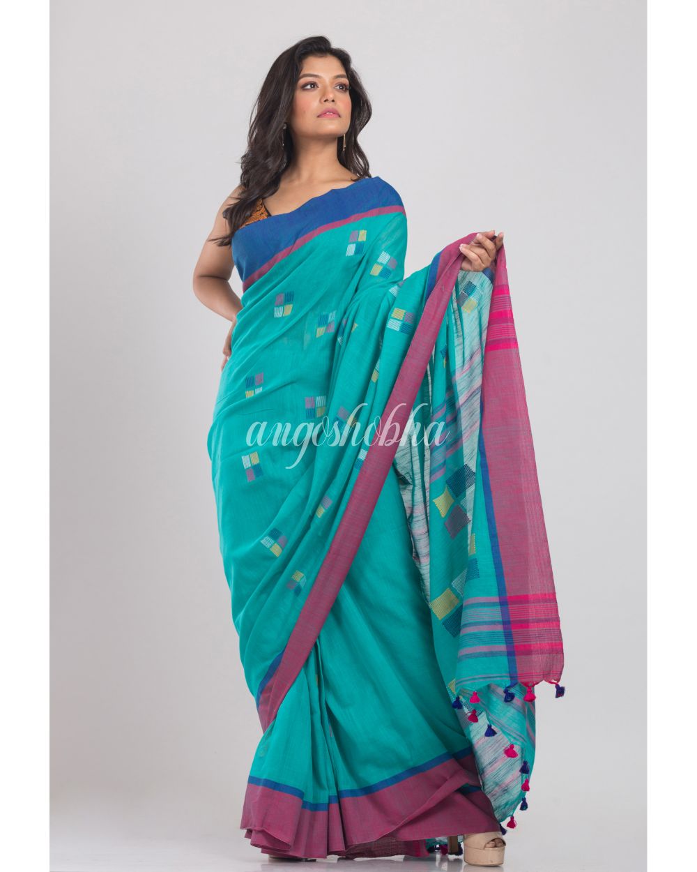 Blue Jamdani Cotton Saree angoshobha
