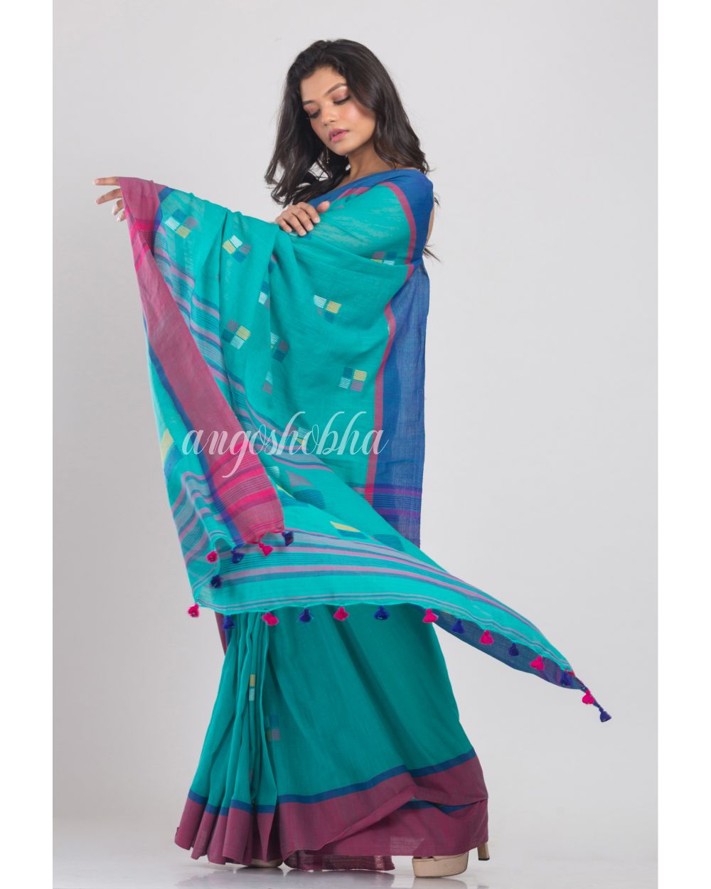 Blue Jamdani Cotton Saree angoshobha