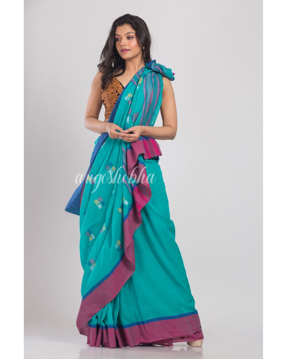 Blue Jamdani Cotton Saree angoshobha