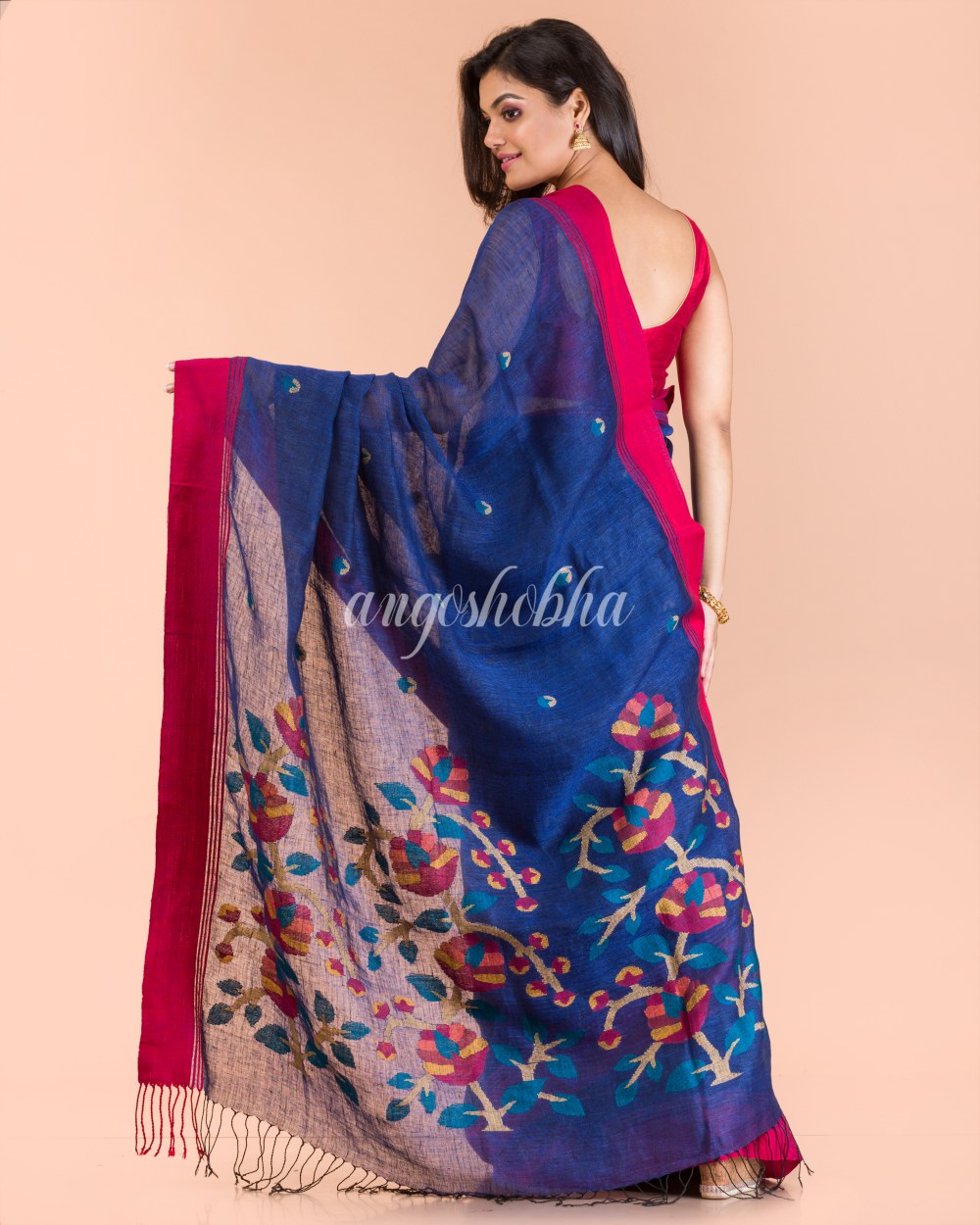 Blue Linen Handloom Jamdani Saree angoshobha