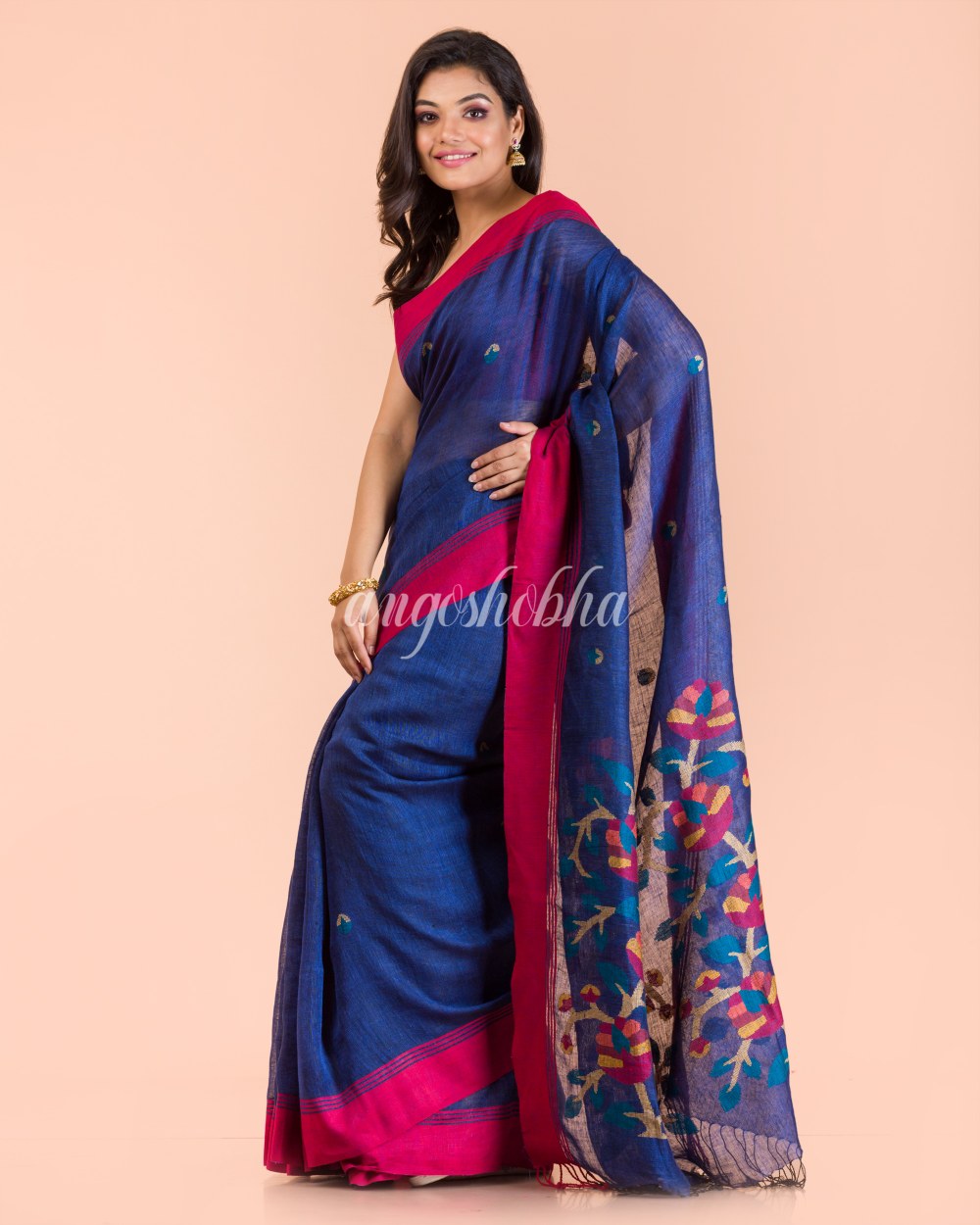 Blue Linen Handloom Jamdani Saree angoshobha