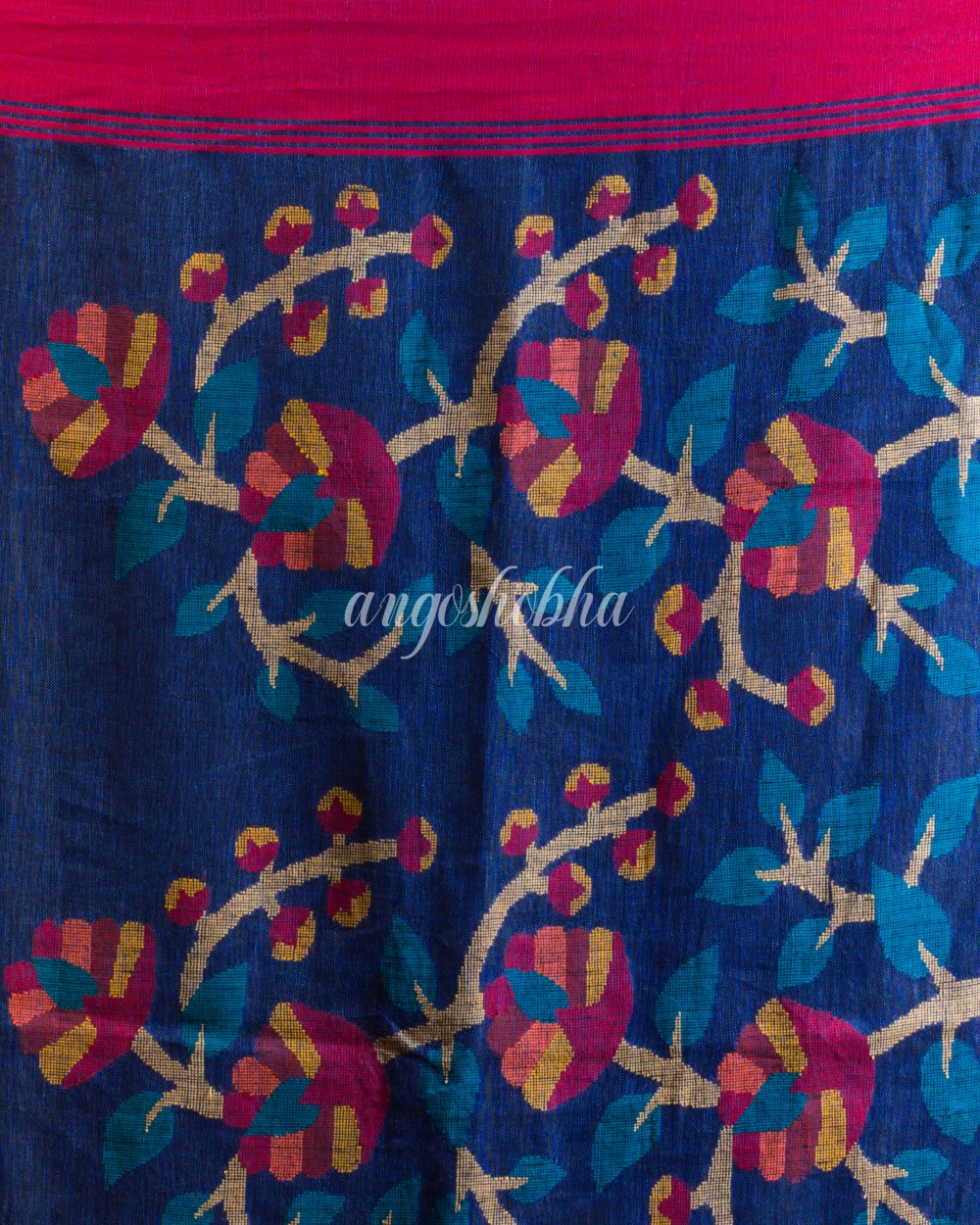 Blue Linen Handloom Jamdani Saree angoshobha